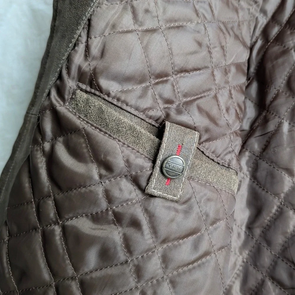 Guess Men's XL Brown Genuine Leather Distressed Full Zip Quilted Lined Jacket XL